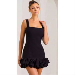 Black mini dress with ruffle trim